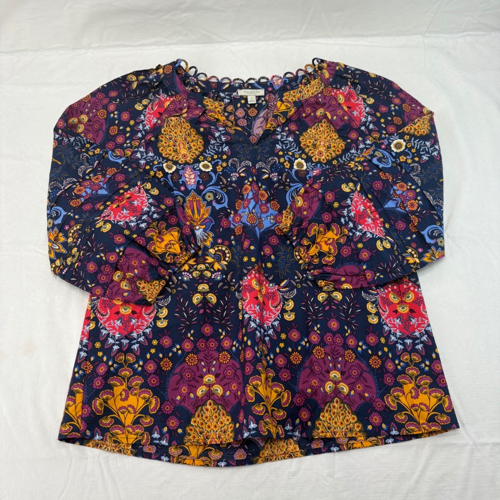 Talbots Petite Cotton Paisley Floral Medallion Blouse Navy Multi 3/4 Sleeve P